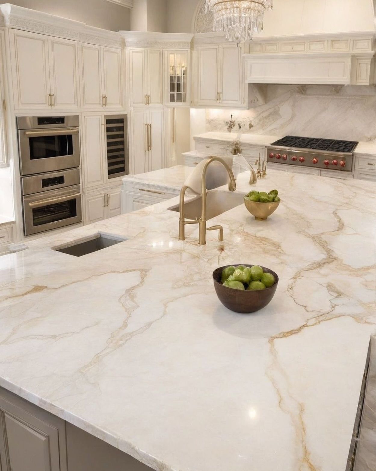 Elegant kitchen with marble countertops, gold hardware, and recessed lighting.