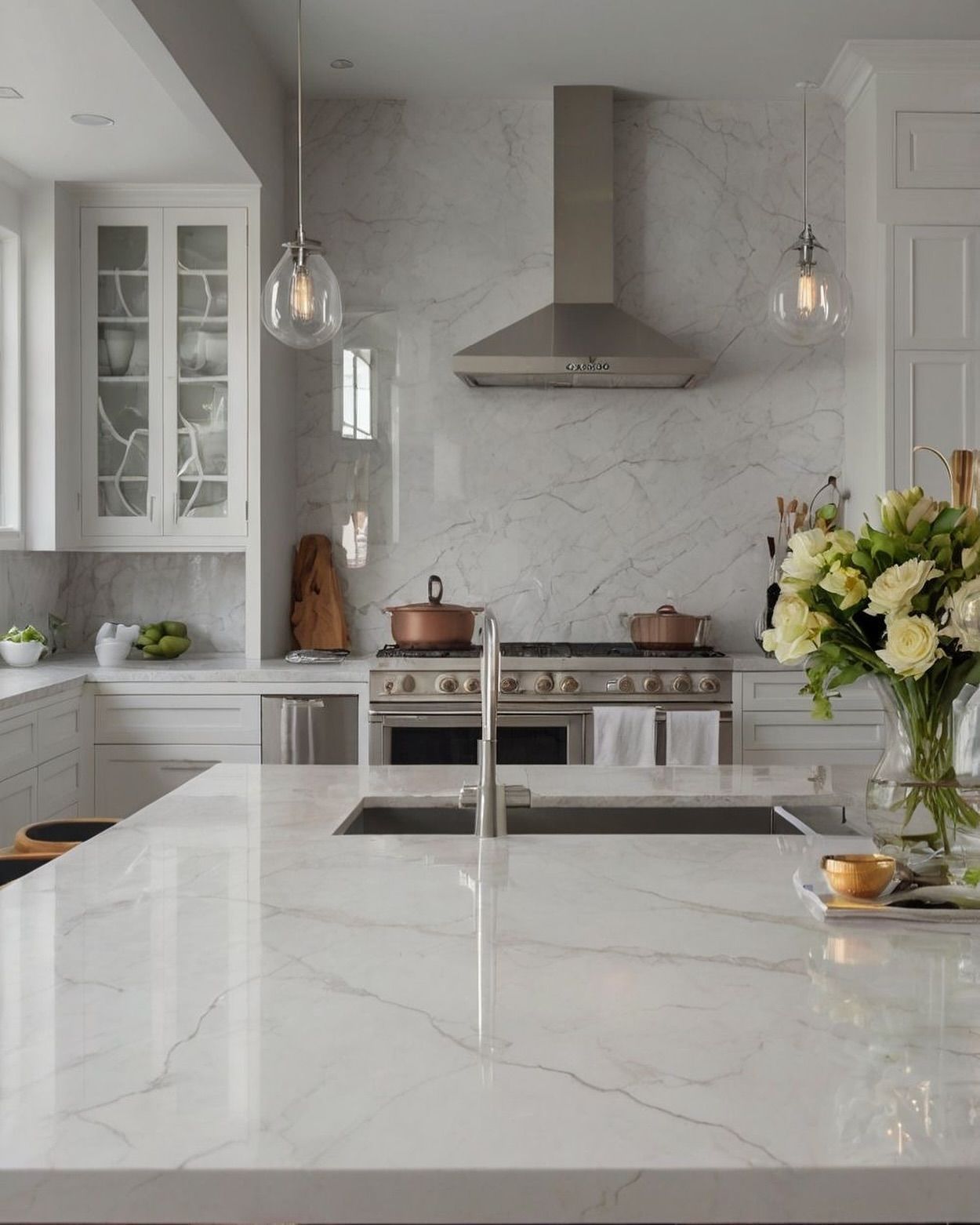 Modern white kitchen with marble countertops, stainless steel appliances, and pendant lights.
