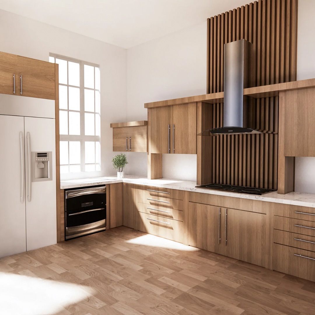 Modern kitchen with light wood cabinets, stainless steel appliances, and large window.