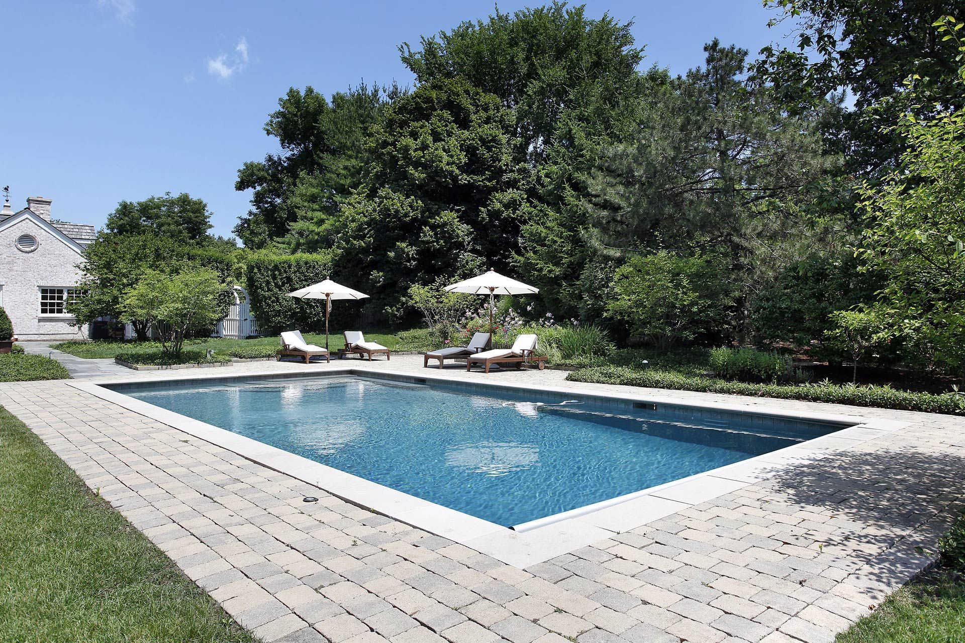 A large swimming pool surrounded by chairs and umbrellas