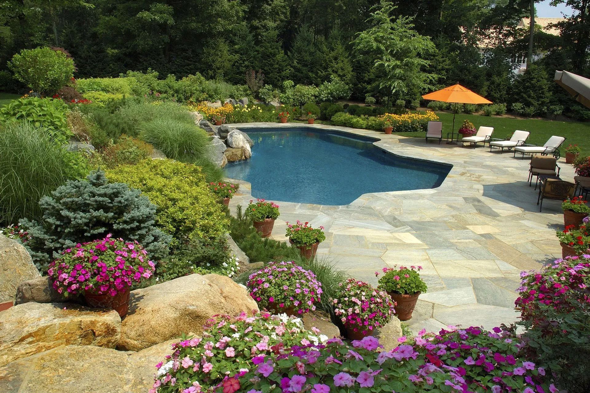 A large swimming pool surrounded by flowers and chairs