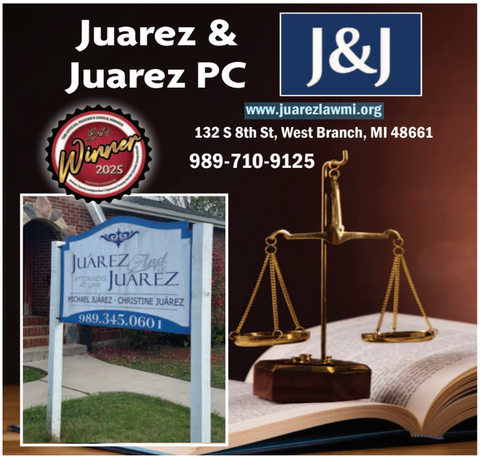 Advertisement for Juarez & Juarez PC law firm. Features logo, address, phone number, and a scale of justice.