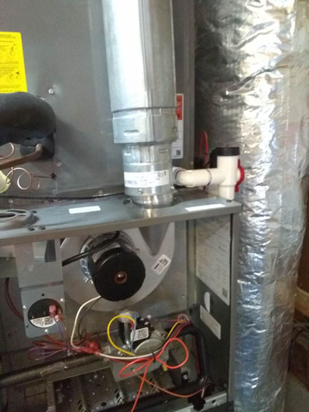 Furnace interior with ducts, blower, wiring, and insulated vent piping.