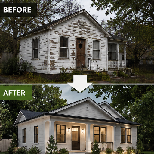 Before-and-after of a small house exterior renovation, showing a worn white home transformed into a clean modern cottage.