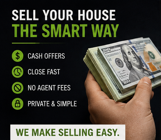 Real estate ad: hand holding cash with text “Sell your house the smart way” and benefits listed.