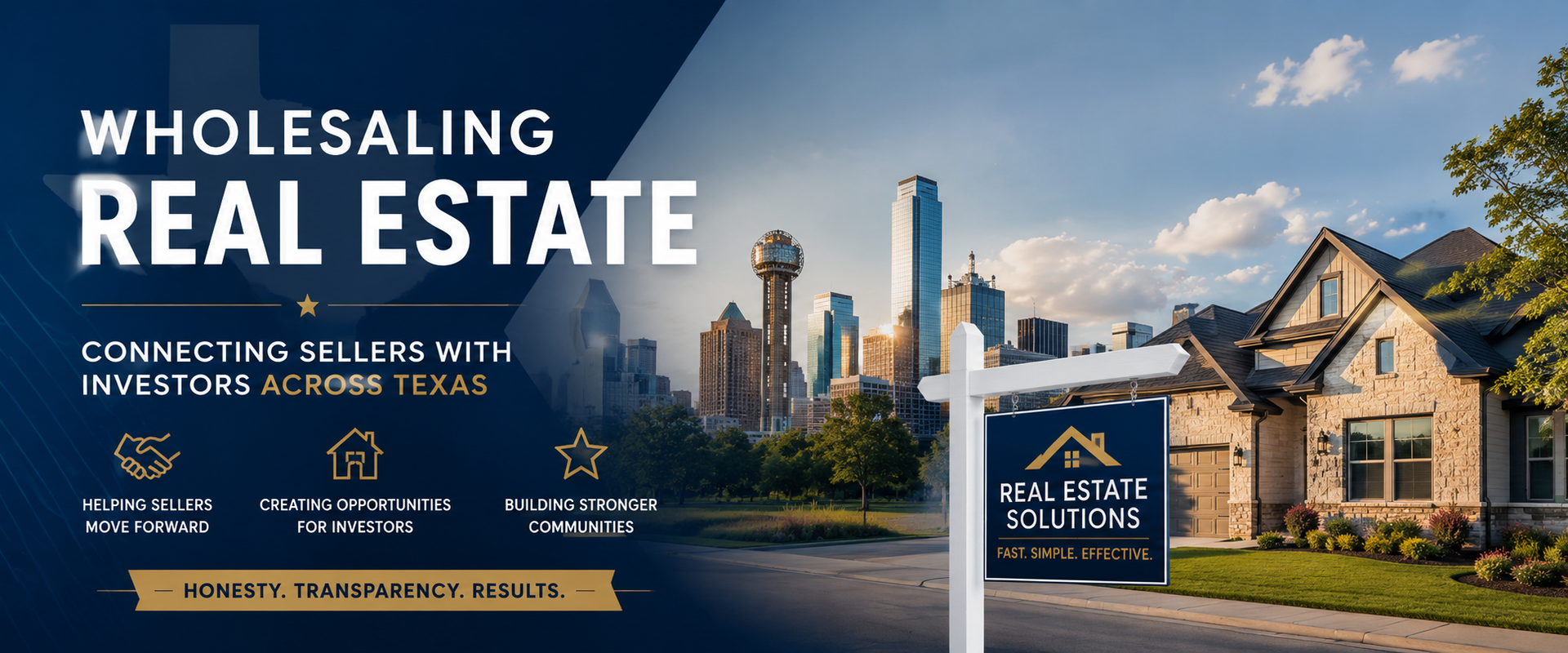 Wholesaling real estate ad with skyline and house, promoting property deals and investment services