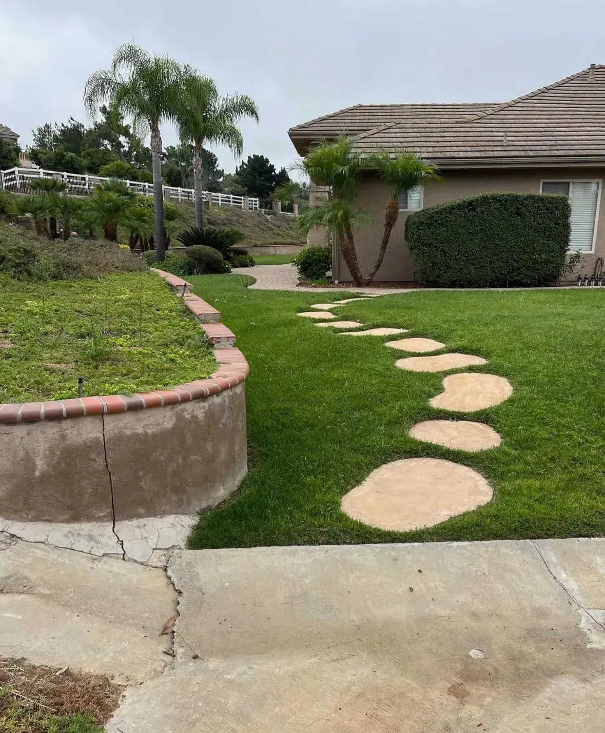 Stone path in a green yard leads to a house with palm trees. Cracked concrete sidewalk in the foreground.