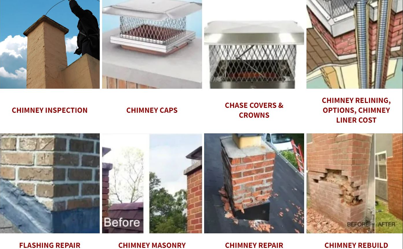 Masonry wall repair infographic showing chimney inspection, caps, flashing, and repointing options