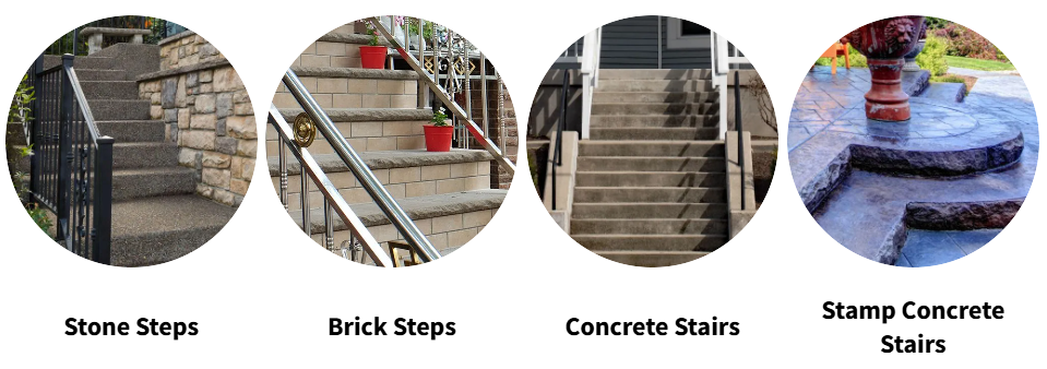 Stone, brick, and concrete stairs with stamped concrete stair designs displayed in four circular photos