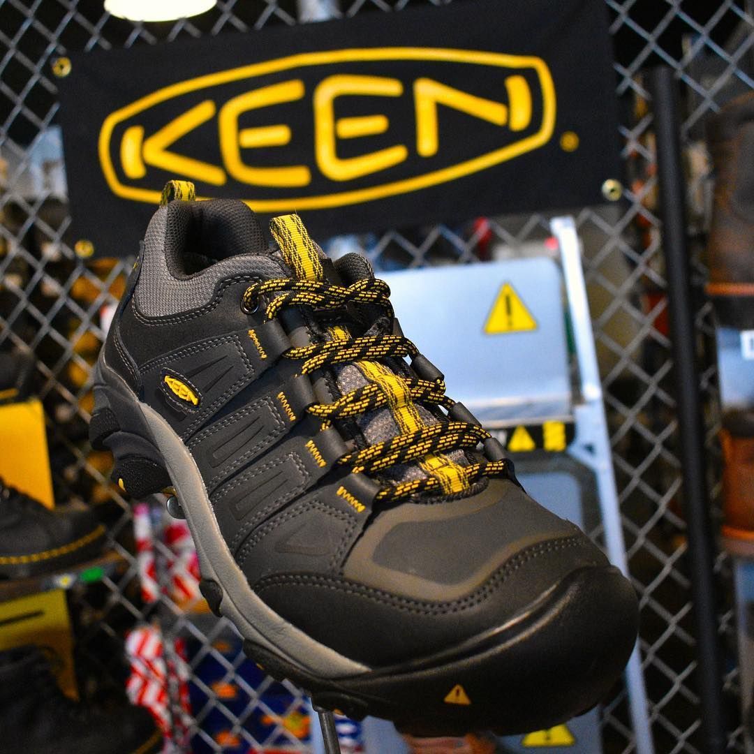 A pair of keen shoes on display in a store
