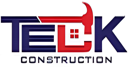 Logo for Teck Construction, featuring the letters "TECK" in bold, with an outline of house and hammer. "CONSTRUCTION" below.