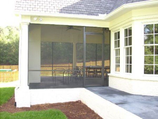 Installation is against white round columns with chair rail and special order 8' door.