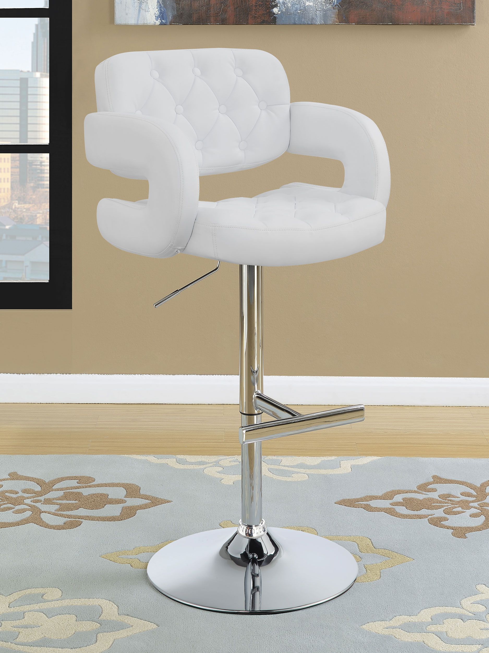 A white bar stool is sitting on a rug in front of a window.
