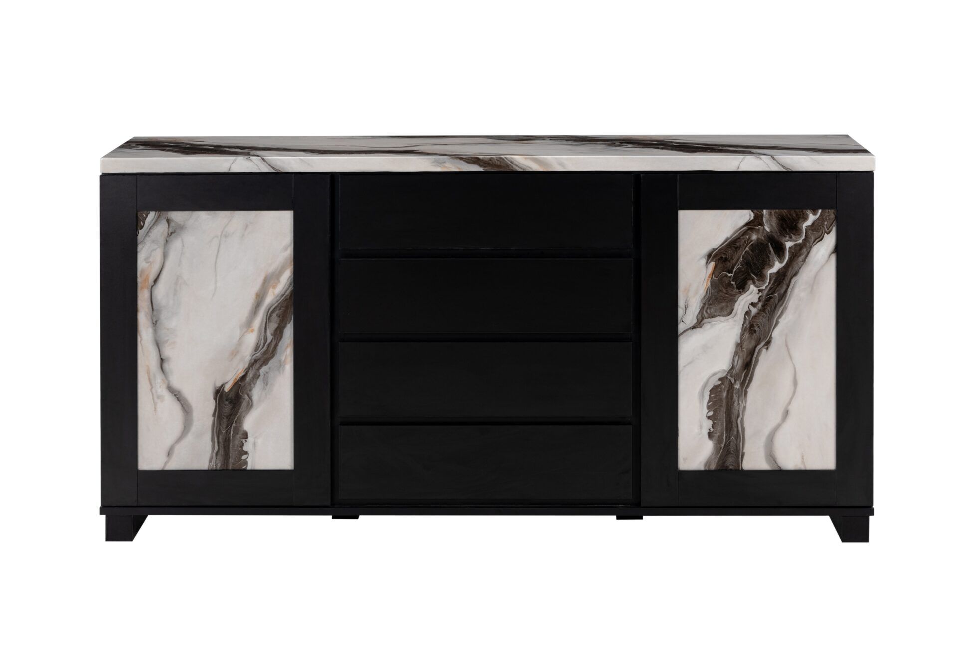A black and white marble dresser with drawers and doors on a white background.