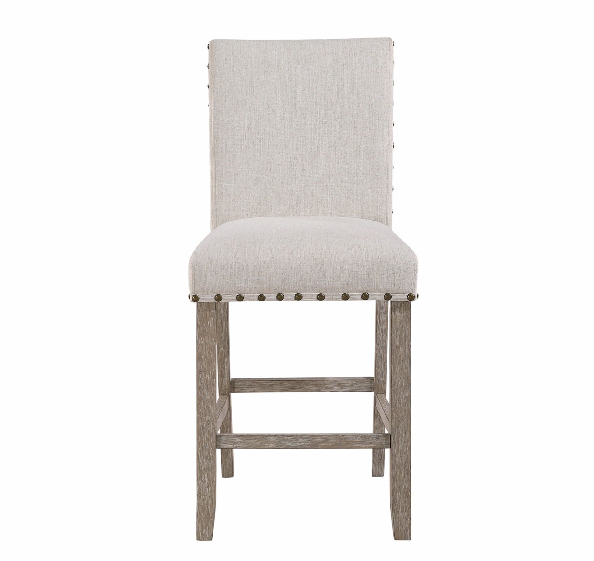 A bar stool with a white cushion and wooden legs on a white background.