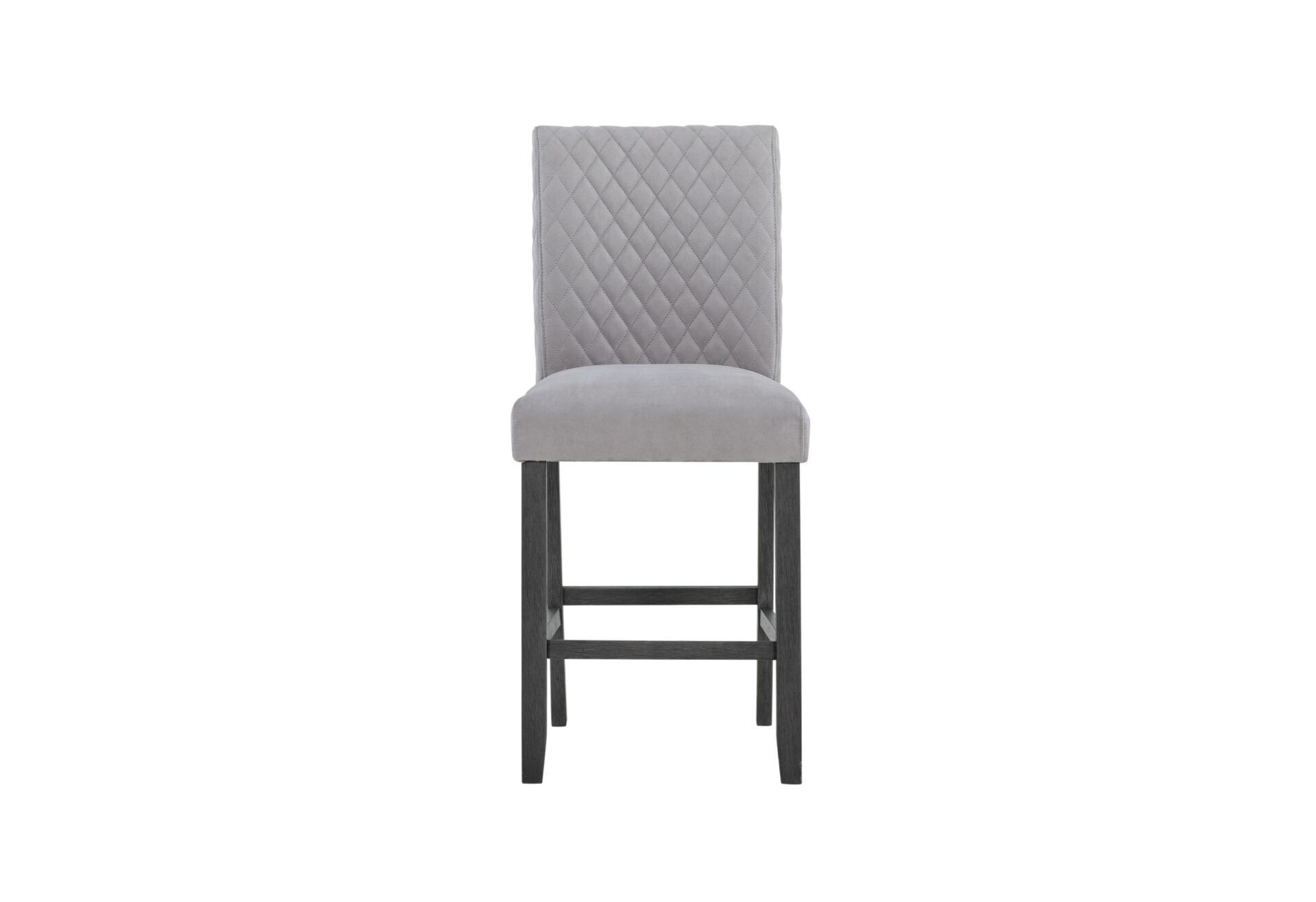 A grey bar stool with a black frame on a white background.