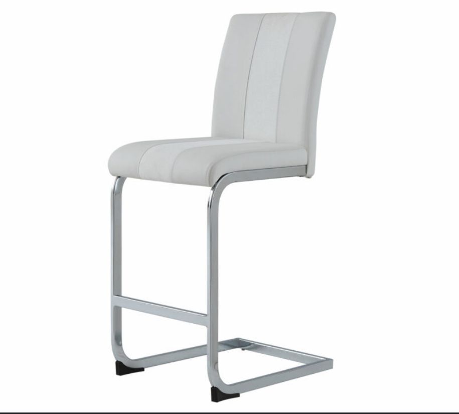 A white bar stool with a chrome frame on a white background.