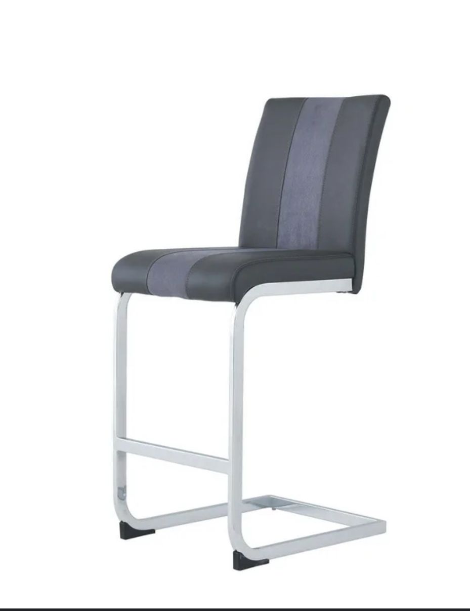 A black bar stool with a silver frame on a white background.