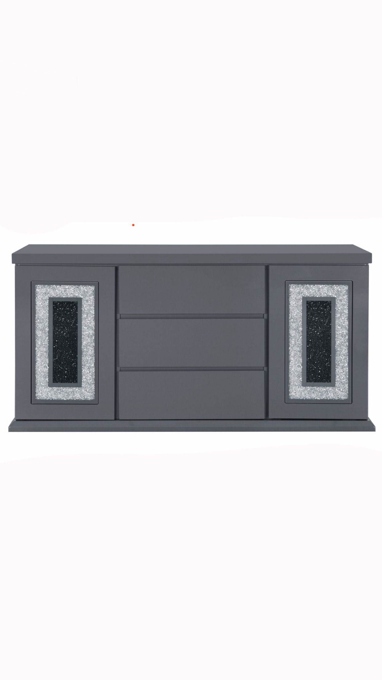 A gray dresser with three drawers and two doors on a white background.