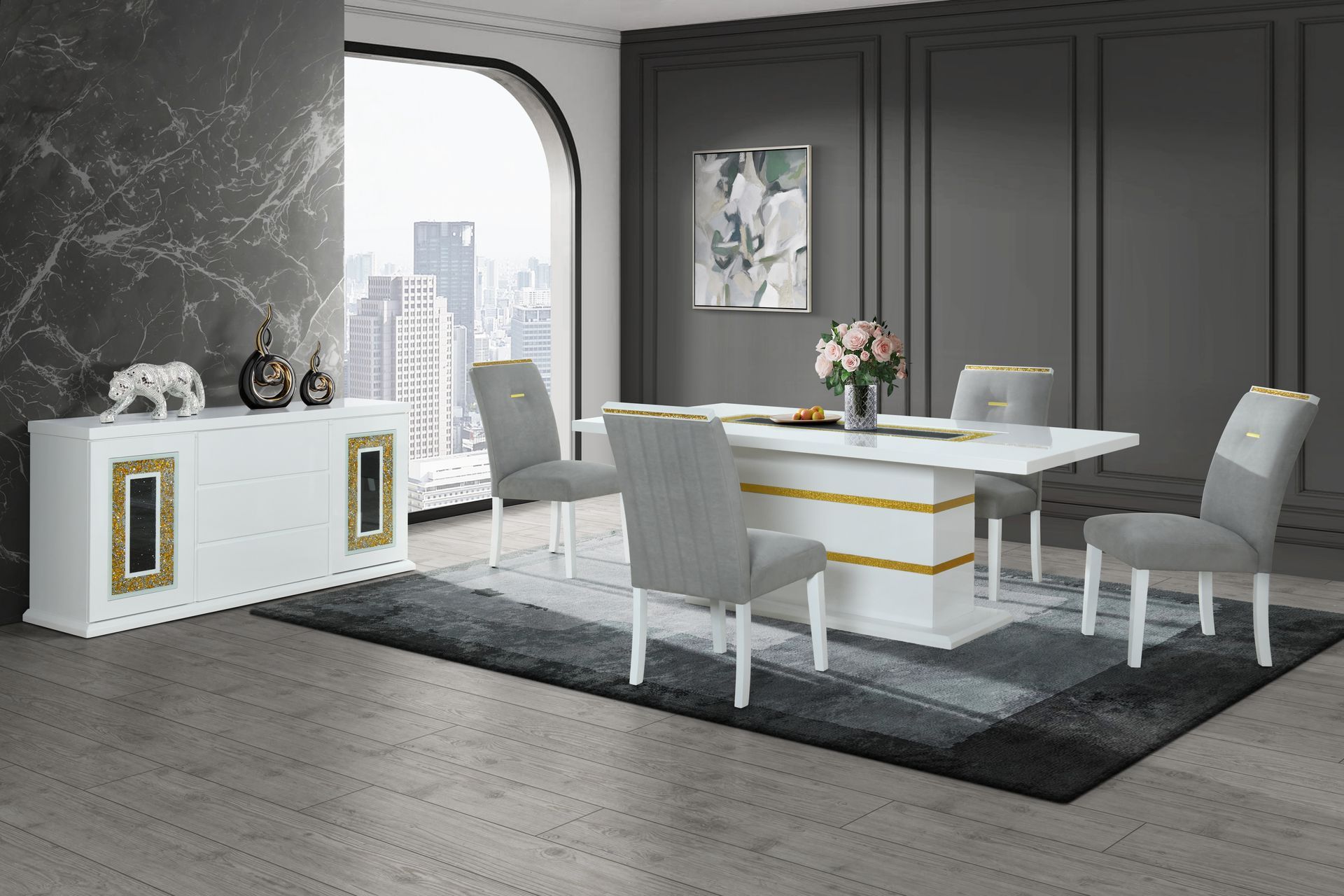 A dining room with a glass table and chairs