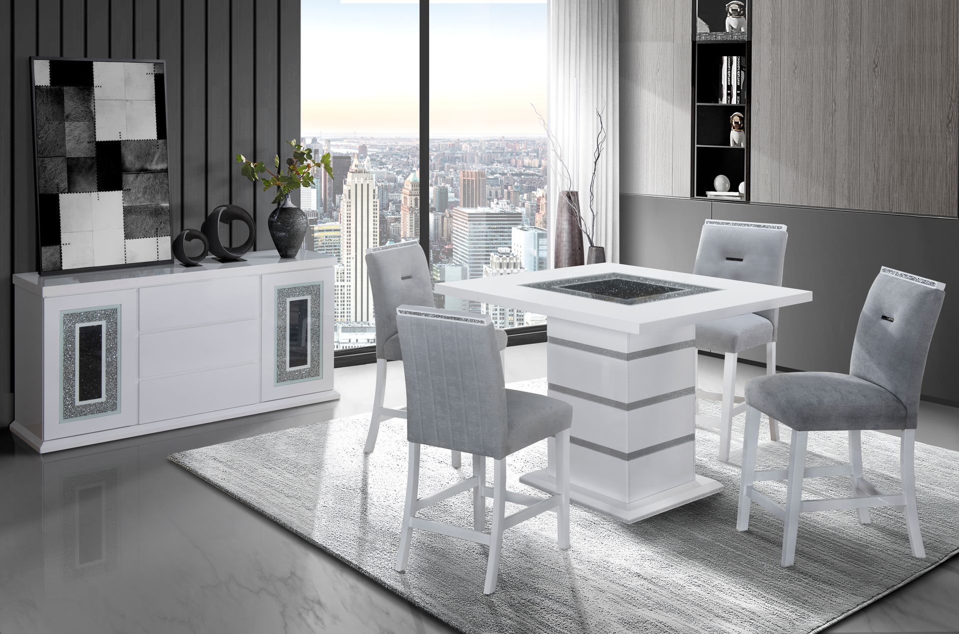 A dining room with a glass table and black chairs