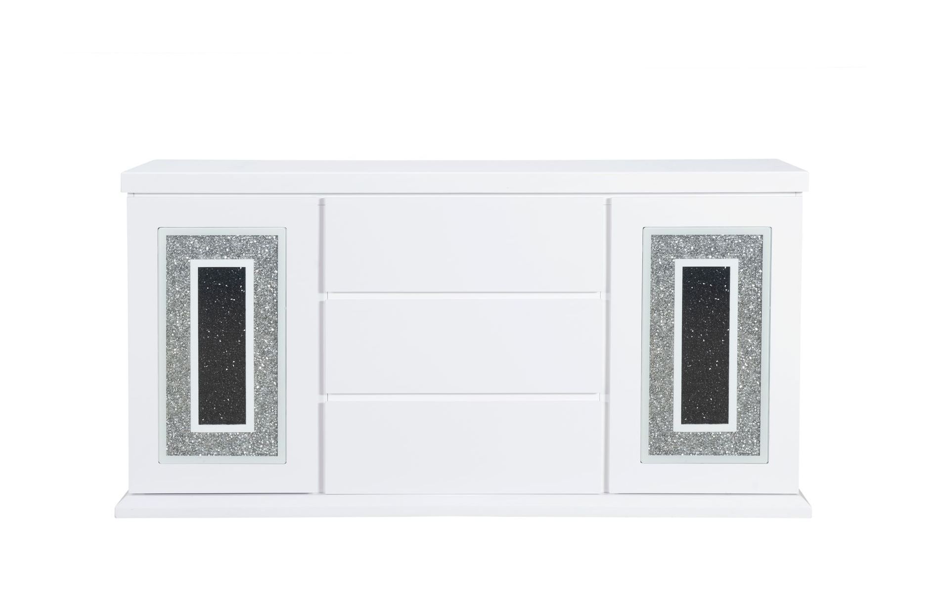 A white dresser with three drawers and two doors on a white background.