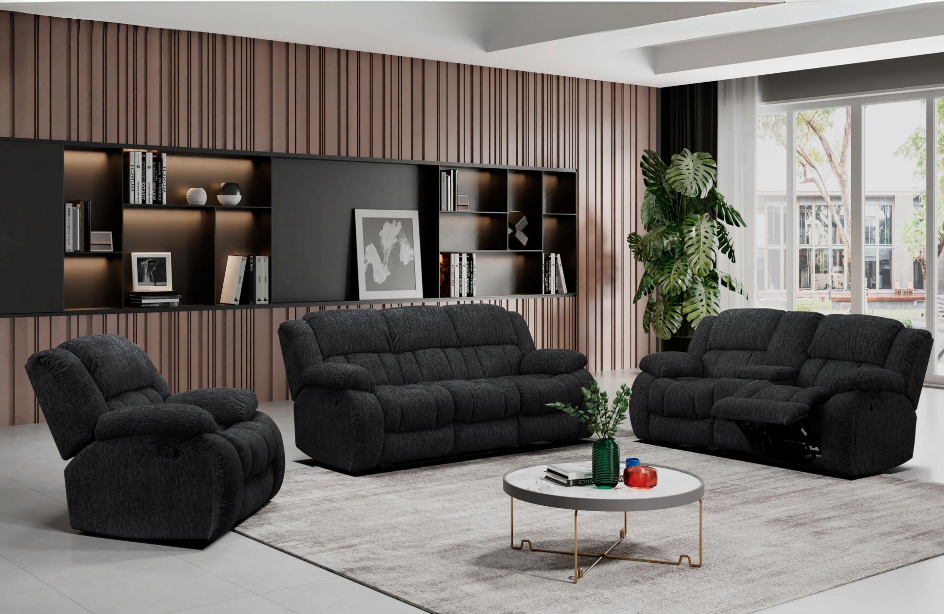 A living room with a couch , two chairs , and a coffee table.