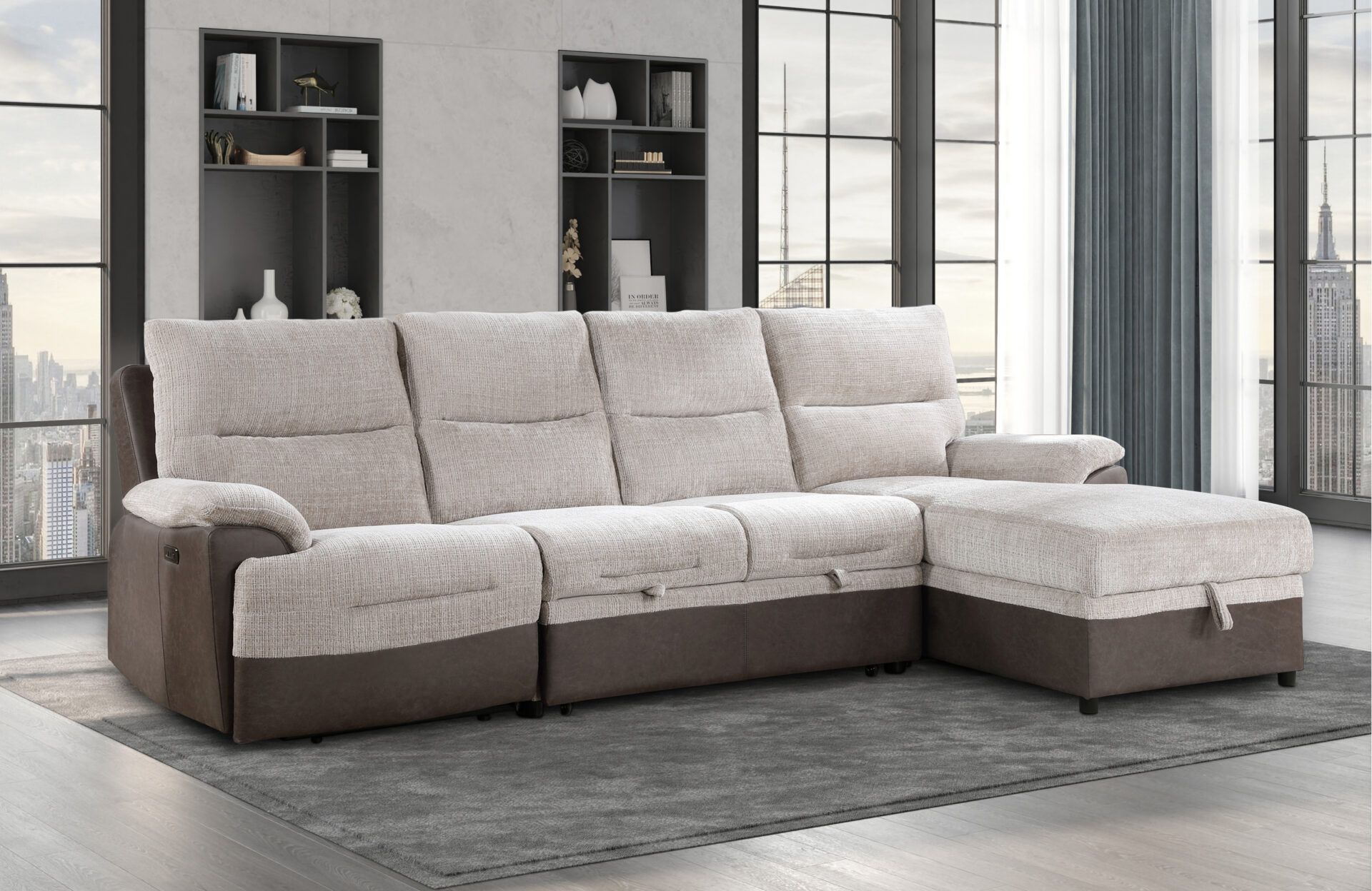A large sectional couch is sitting on top of a rug in a living room.