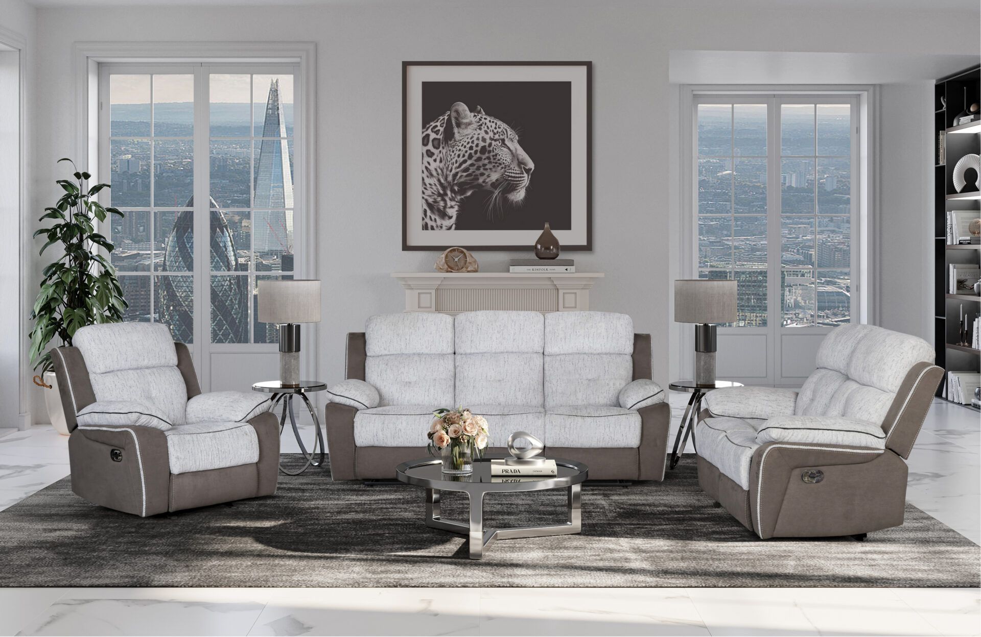 A living room with a couch , two chairs and a coffee table.