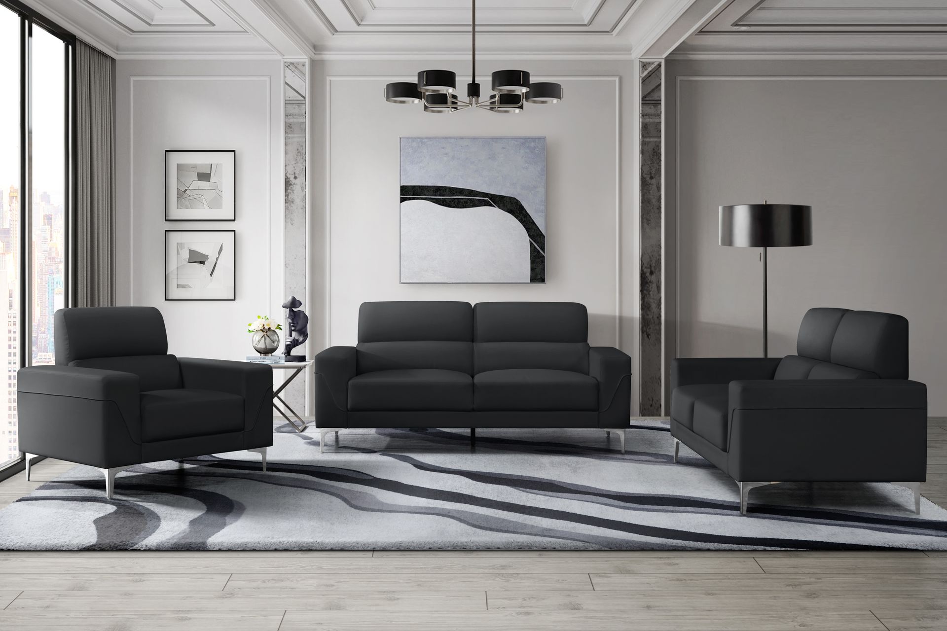 A living room with a couch , chair , and rug.