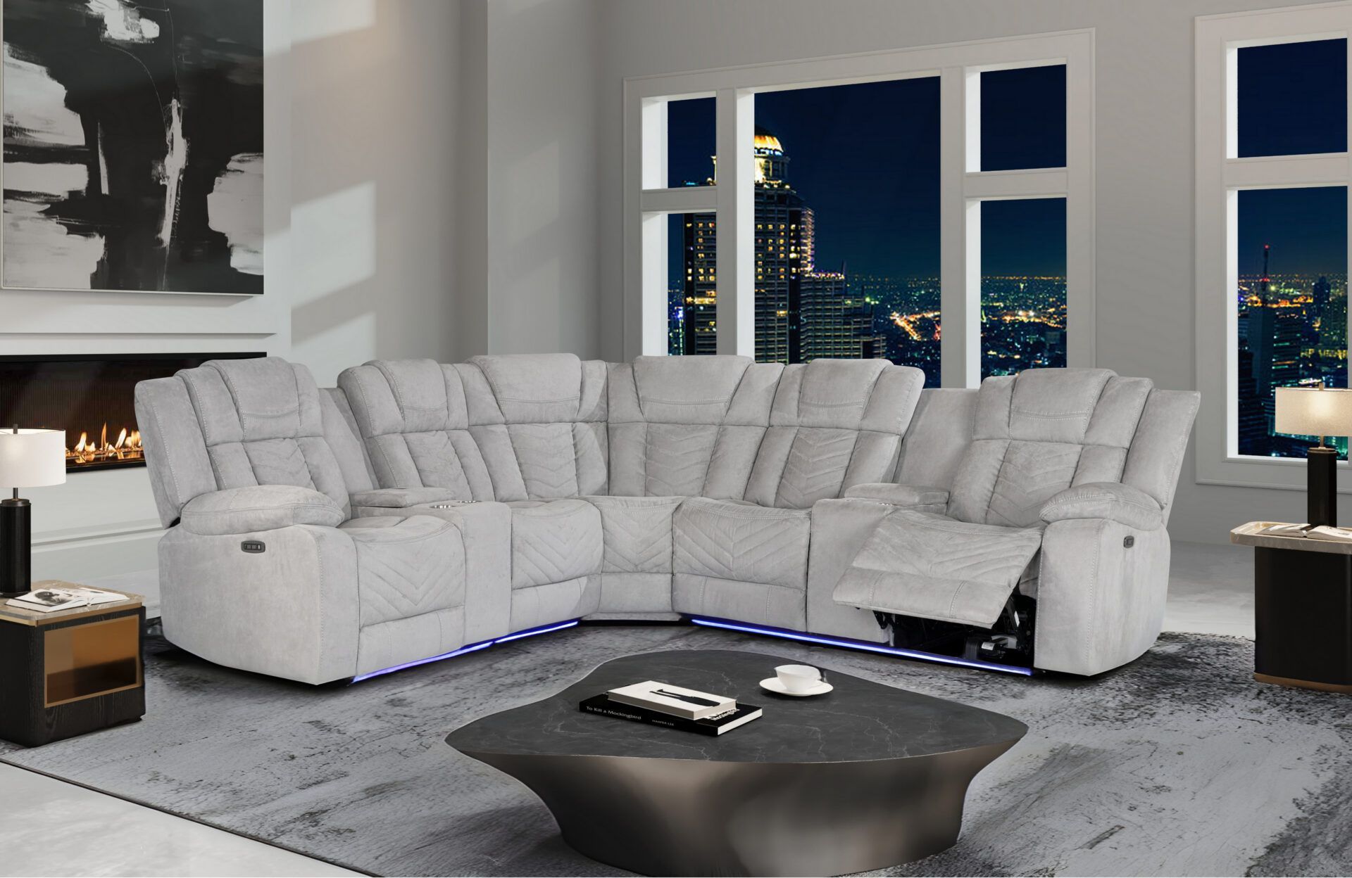 A living room with a white sectional couch and a coffee table