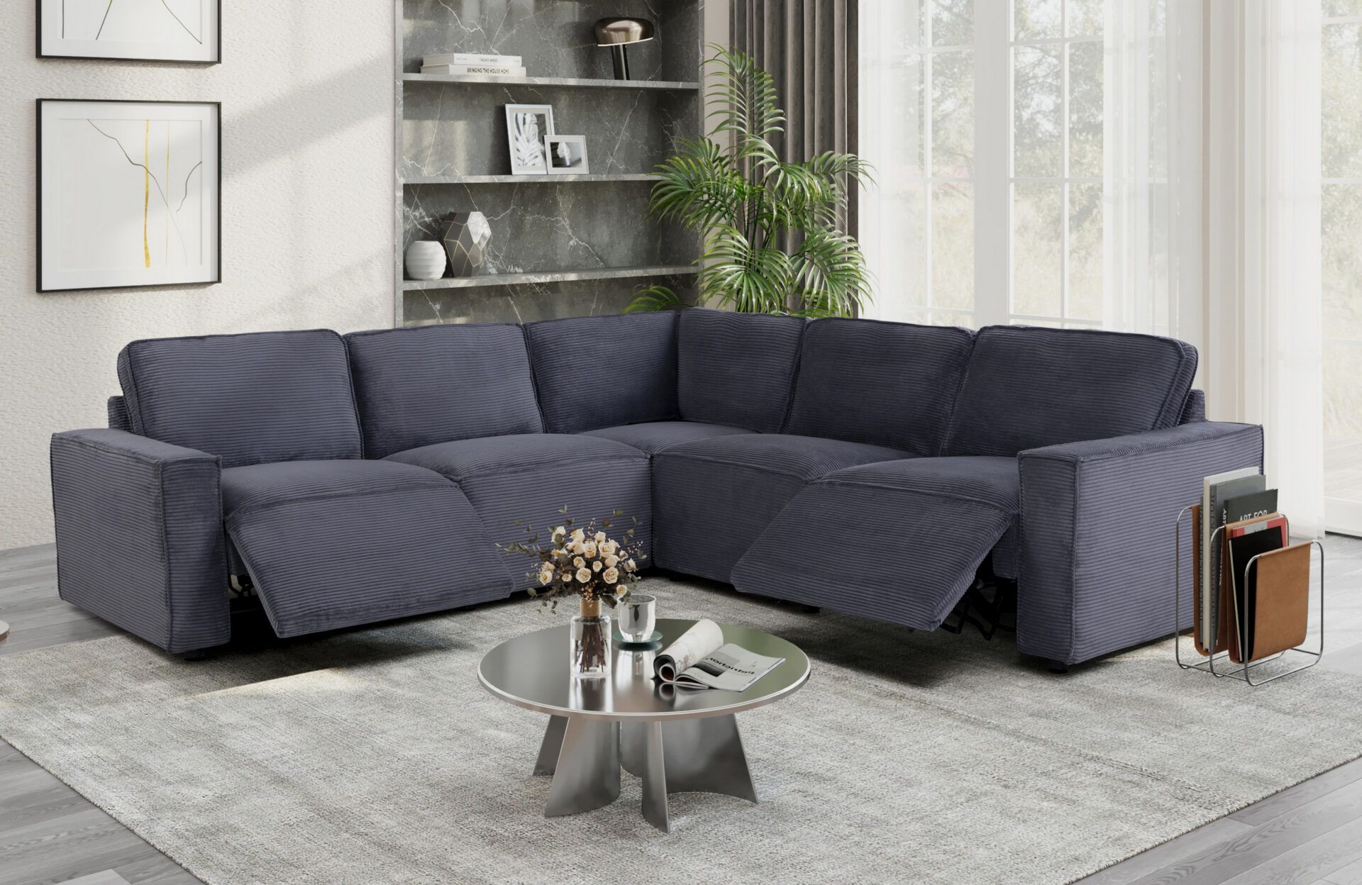 A living room with a large sectional couch and a coffee table.