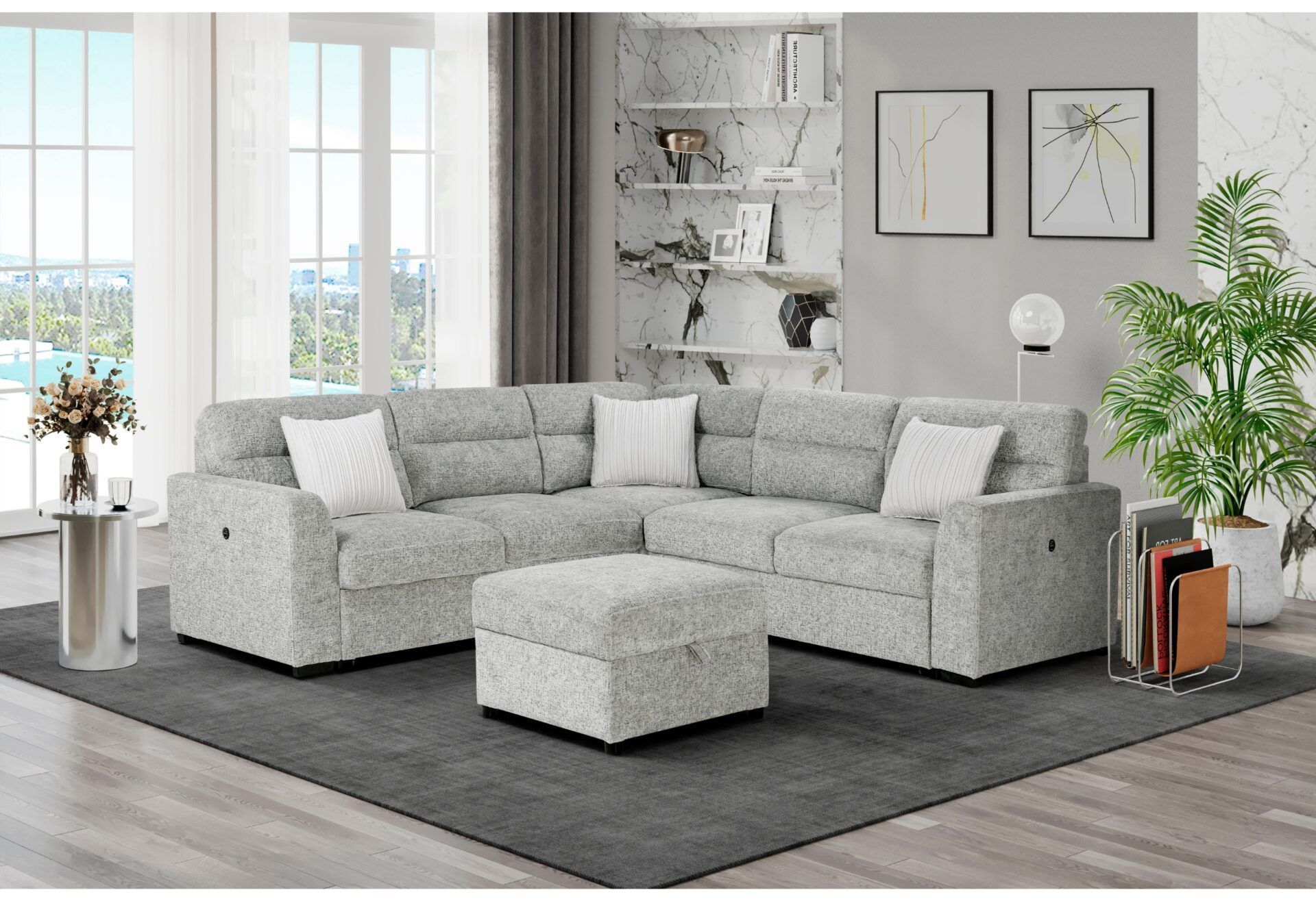 A living room with a sectional couch and ottoman.