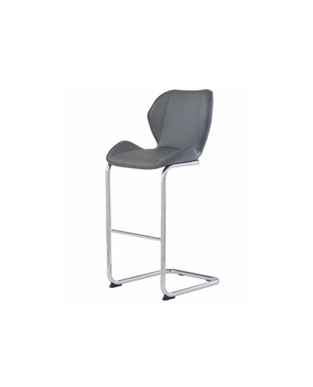 A grey bar stool with a chrome frame on a white background.
