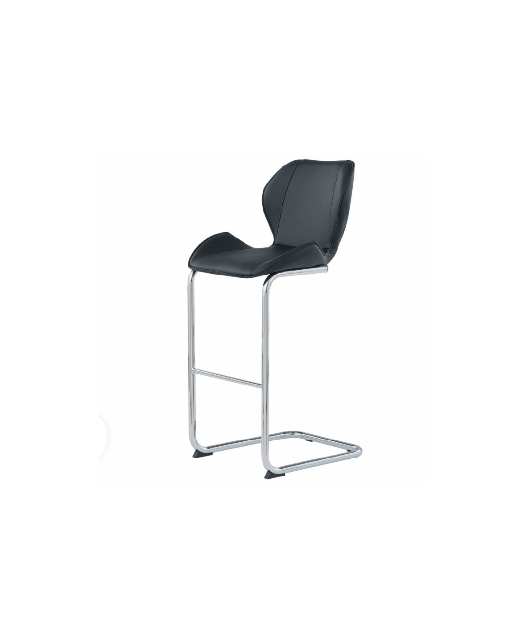 A black bar stool with a chrome frame on a white background.