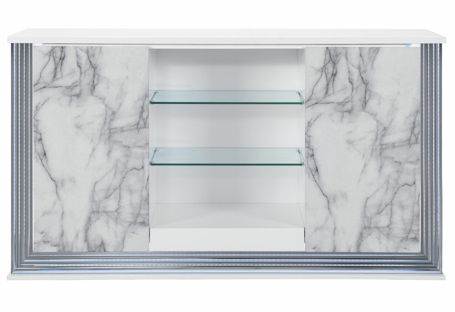A white marble sideboard with glass shelves on a white background.