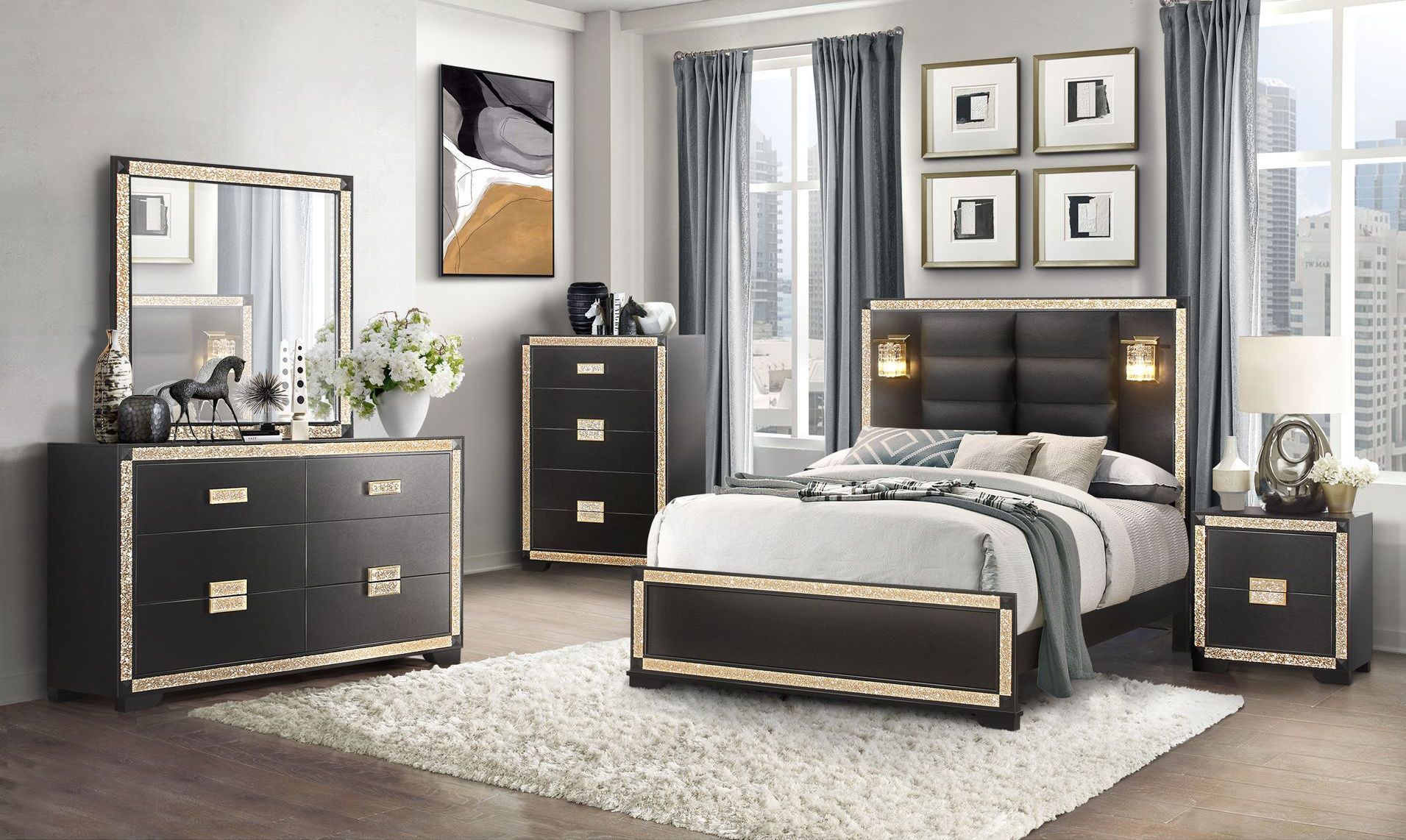 A bedroom with a bed , dresser , nightstand , mirror and rug.