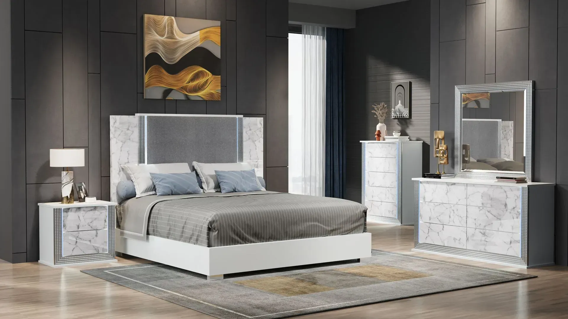 Bedroom set with bed, nightstands, dresser, chest of drawers, and a mirror in a modern style with white and gray accents.