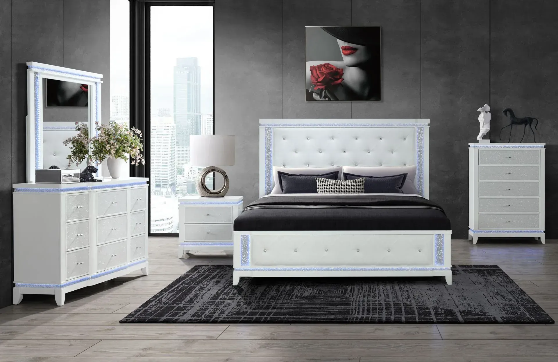 White bedroom furniture set with LED accents in a modern room.