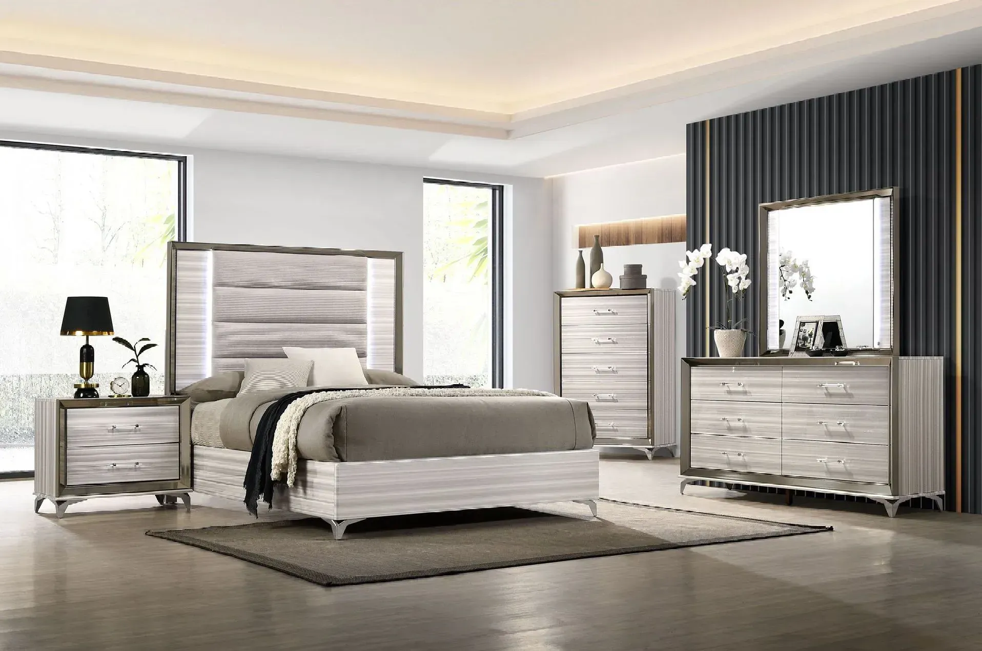 Bedroom furniture set: bed, nightstand, chest, dresser, mirror; gray and white tones; modern design.