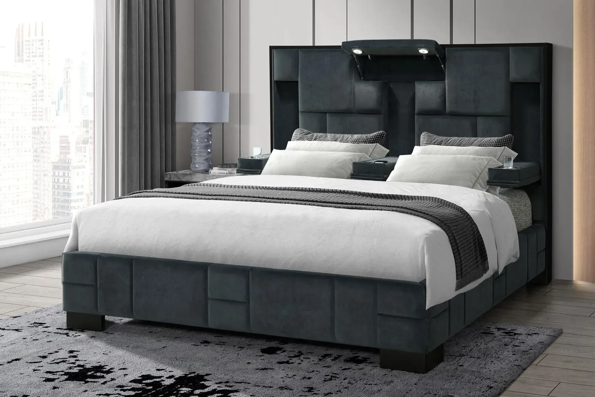 Modern, upholstered dark blue bed frame with built-in headboard storage, bedside tables, and lighting.