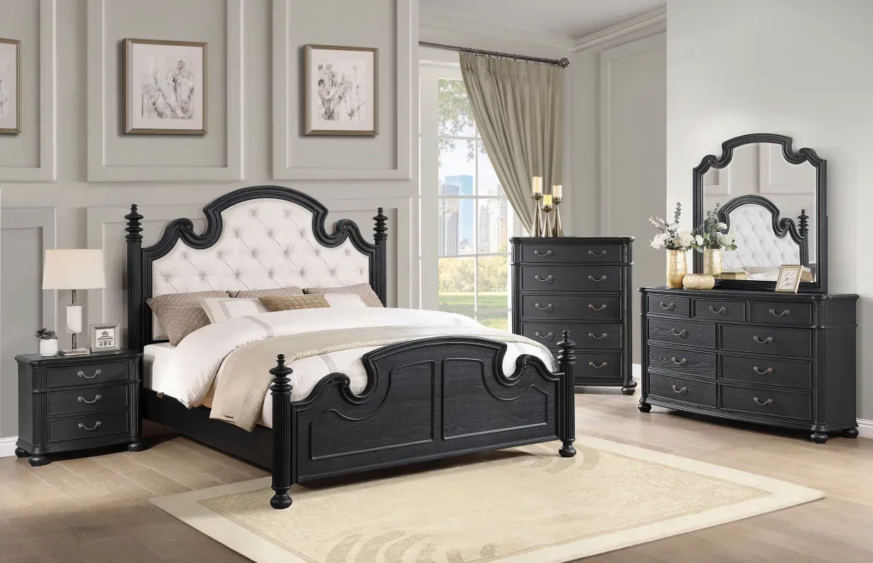 Black bedroom set: bed, nightstand, dresser with mirror, and chest against a light gray wall.