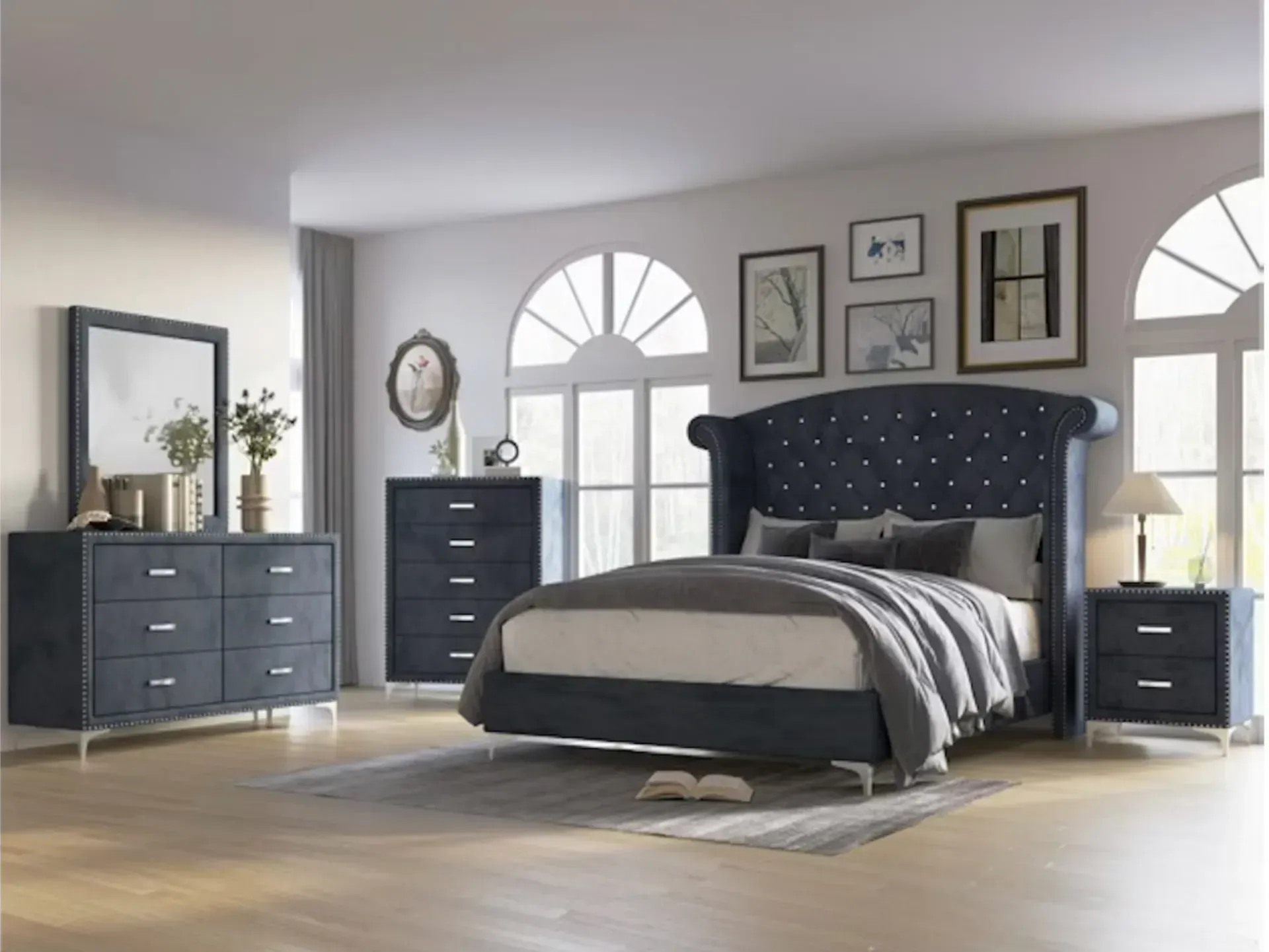 Navy blue bedroom set with a tufted headboard, dresser, and nightstand.
