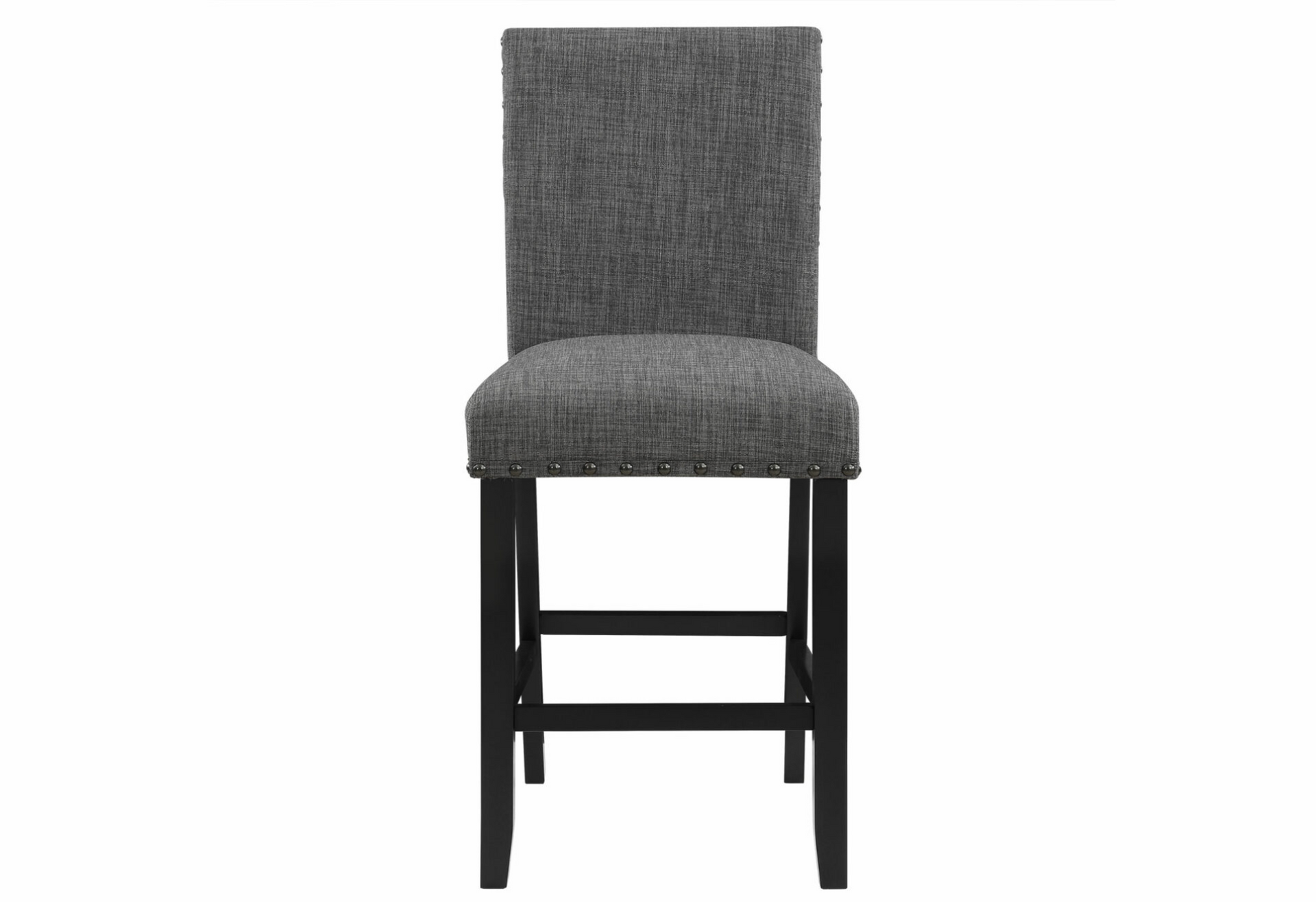 A gray bar stool with black legs on a white background.