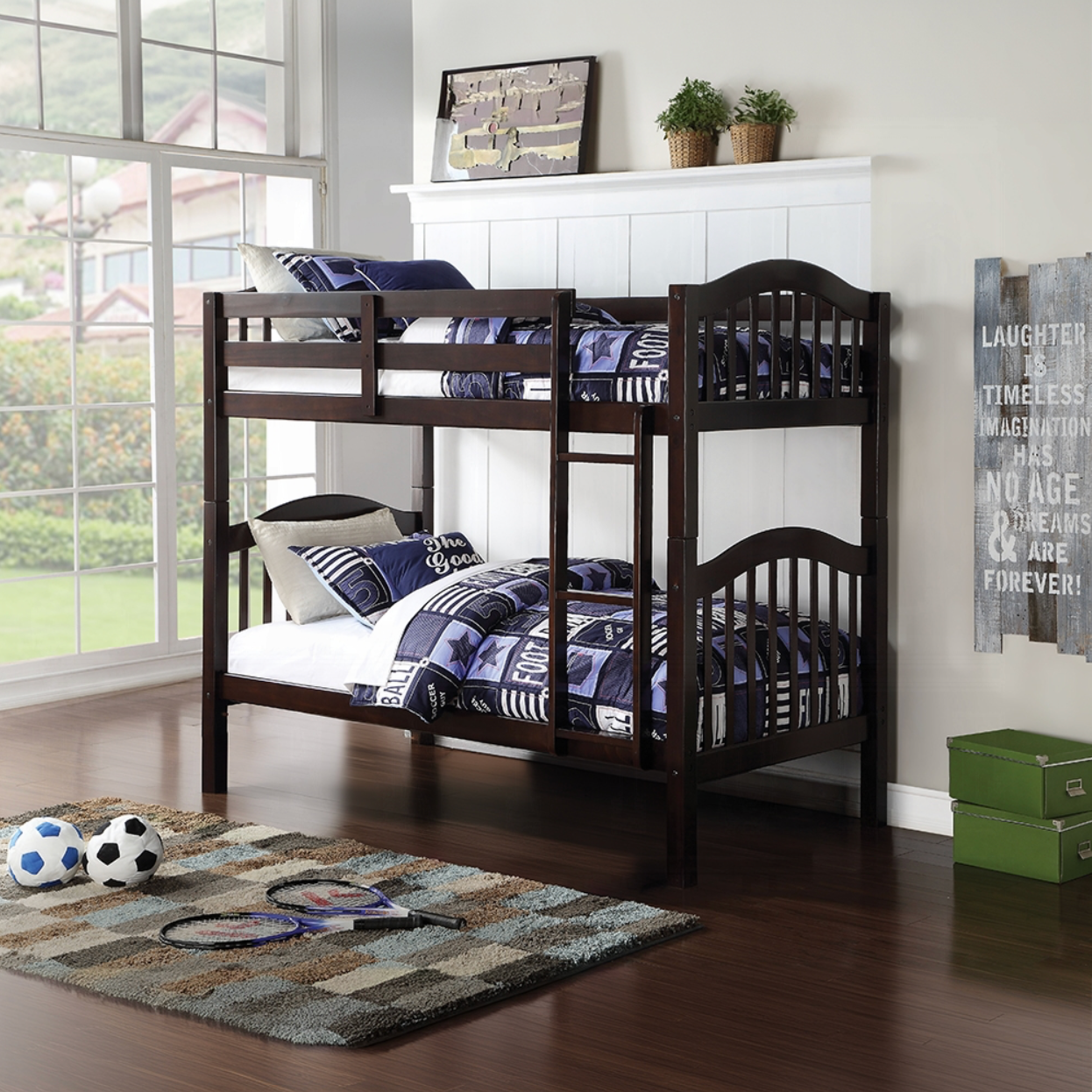 A bunk bed in a room with a sign on the wall that says no age