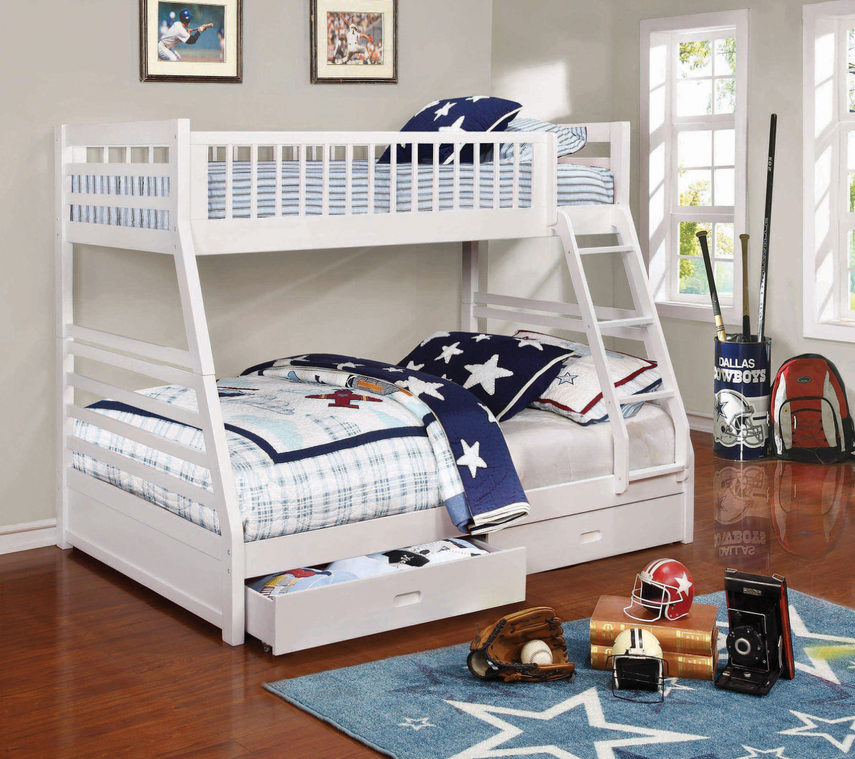 A white bunk bed with a ladder in a bedroom