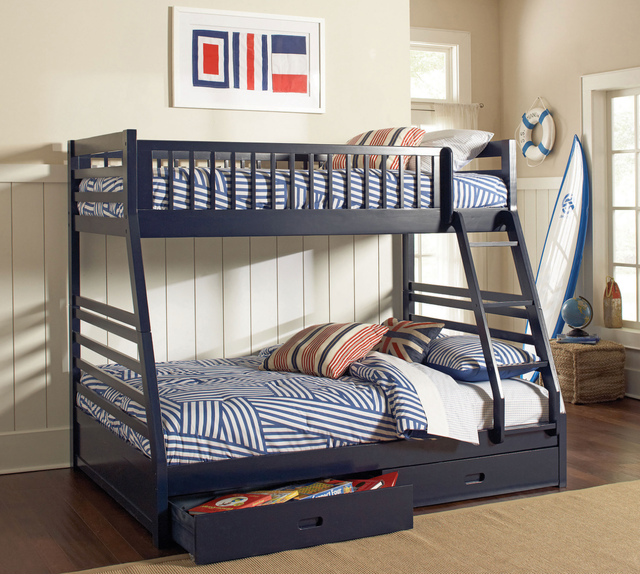 A blue bunk bed with a drawer underneath it