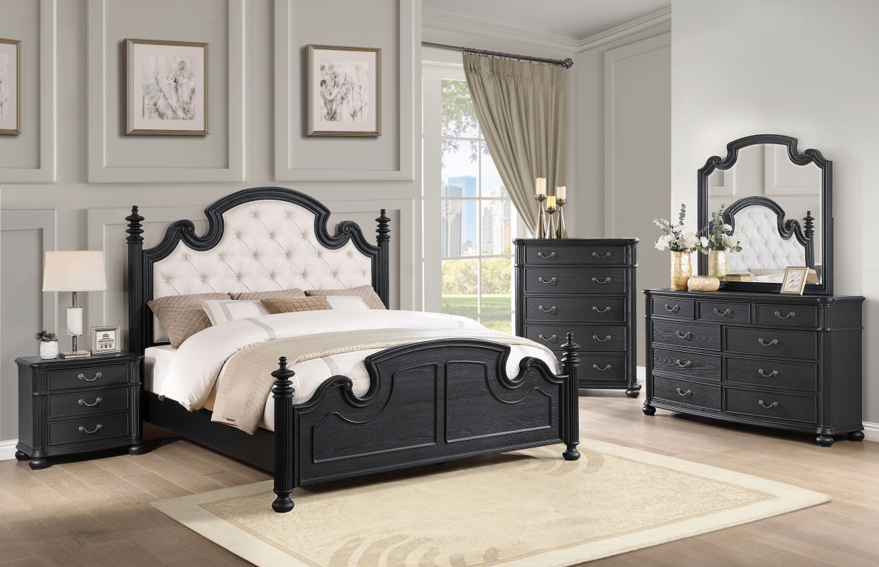A bedroom with a bed , dresser , nightstand , mirror and rug.