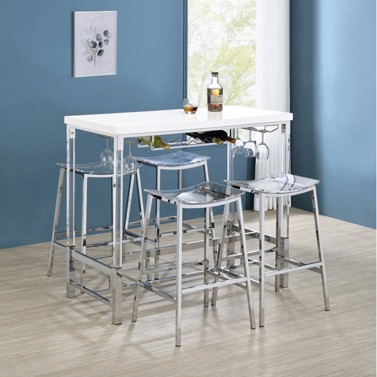 A bar table with clear stools and a bottle of wine on it