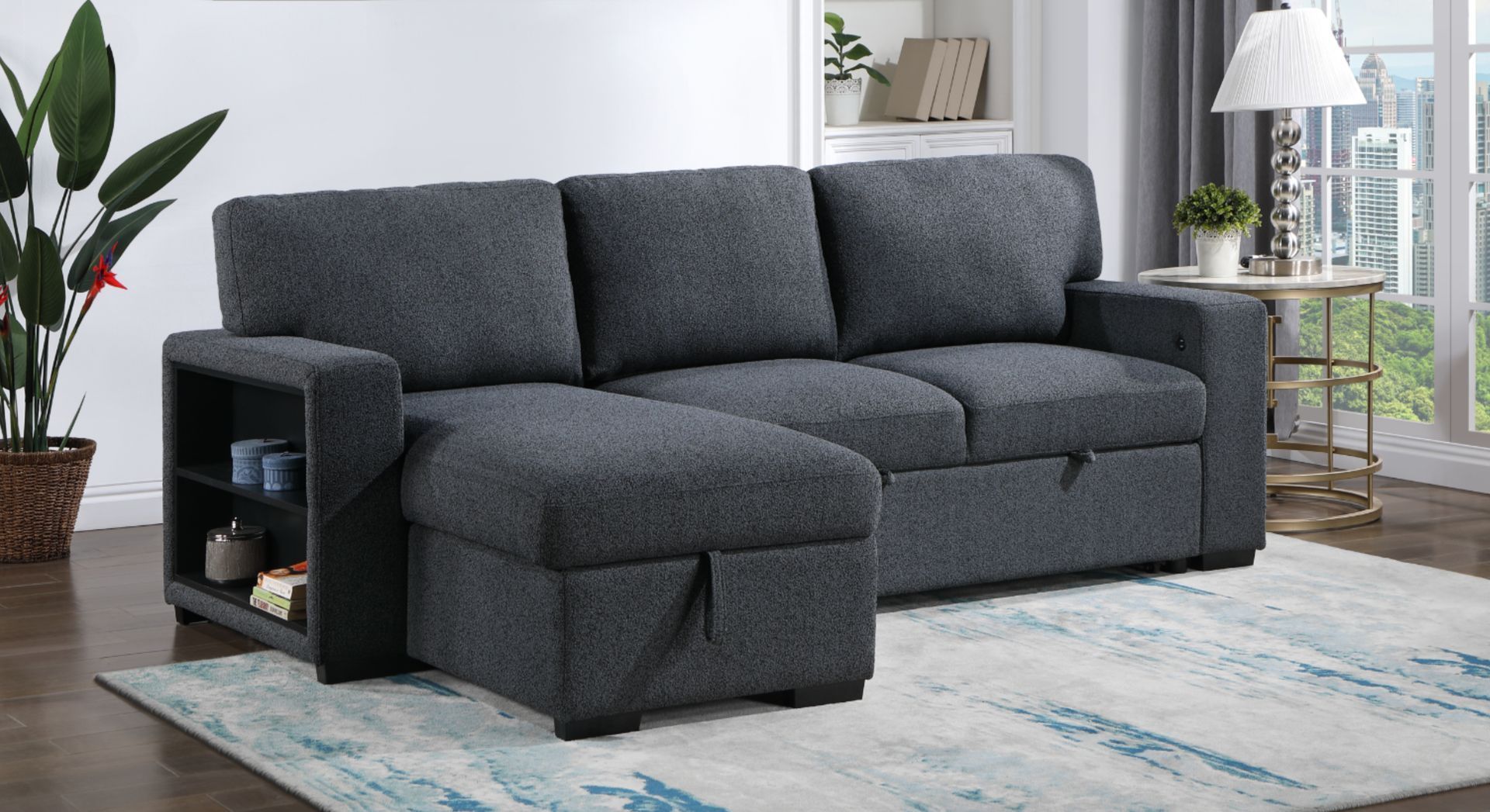 A living room with a large sectional couch and a coffee table.